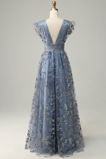 A Línea V Cuello Gris Azul Talla Grande Vestido de Graduación
